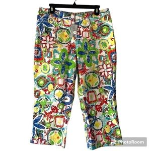 Chico's Women's Crackle Floral Cotton Capri Ankle Pants, Sz 2 (L/12)